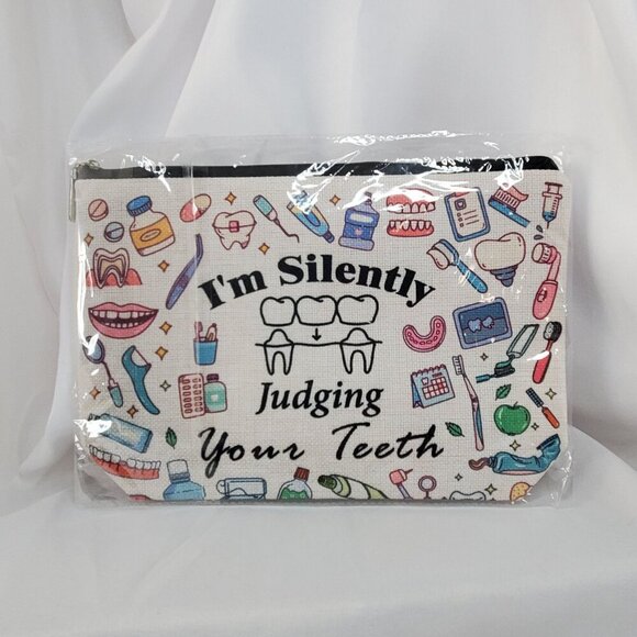 Dental-Themed Cosmetic Bag Canvas Zipper Pouch "Im Silently Judging Your Teeth" - Picture 2 of 5